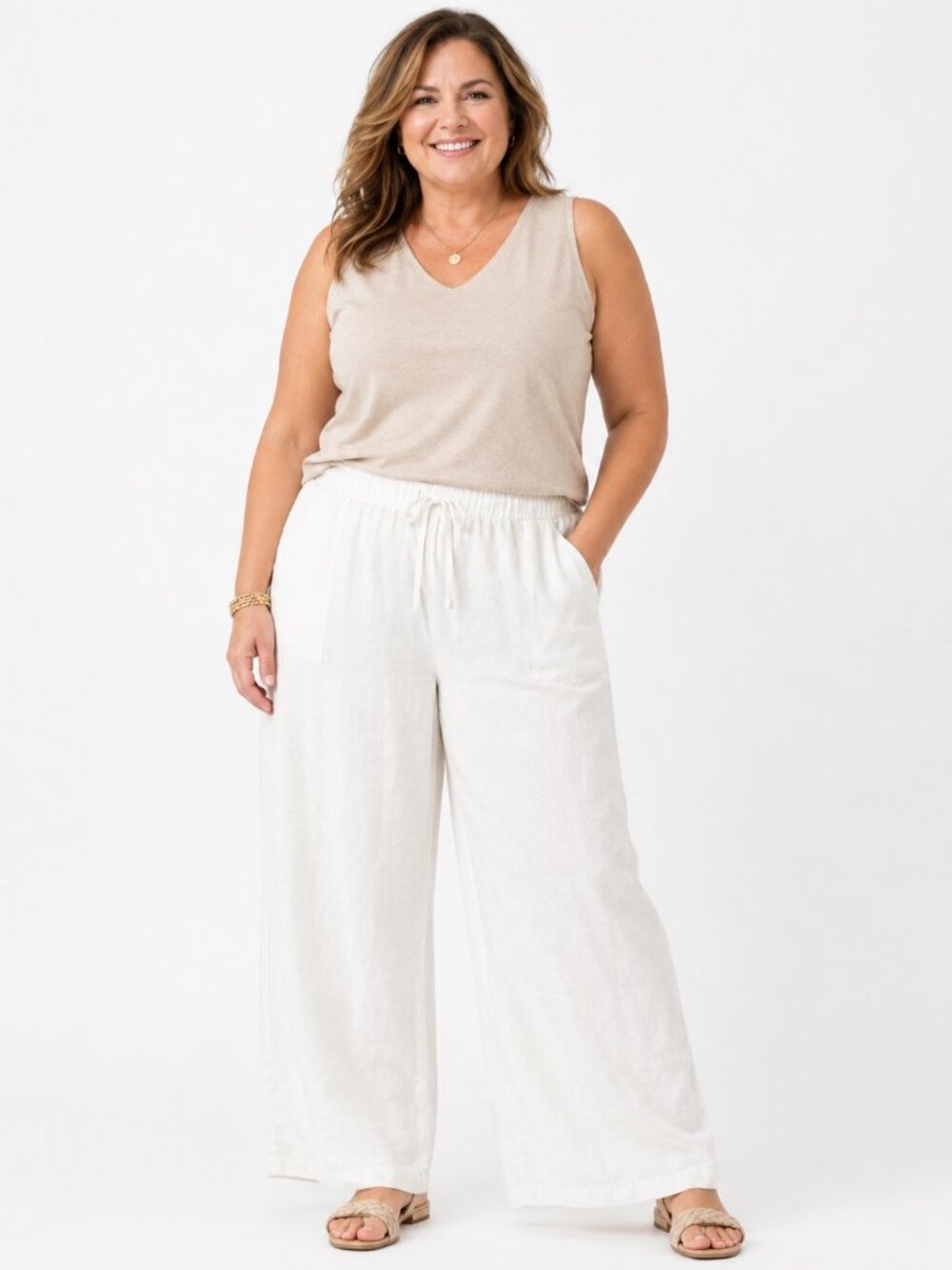 Ellos White Pullon Drawstring Wide Leg Linen Blend Casual Pants Womens Plus 26
